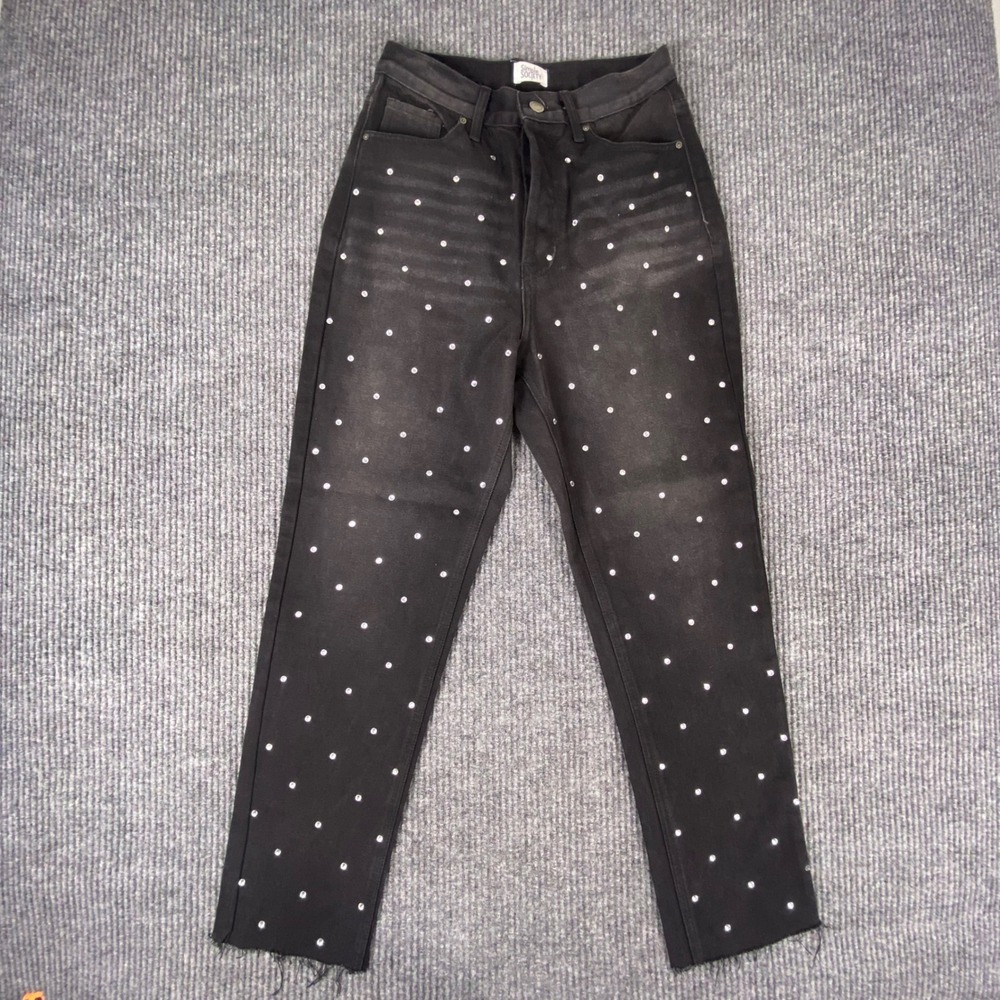Simple Society Rhinestone Jeans Womens 3/26 Black Studded Raw Hem Y2K Festival